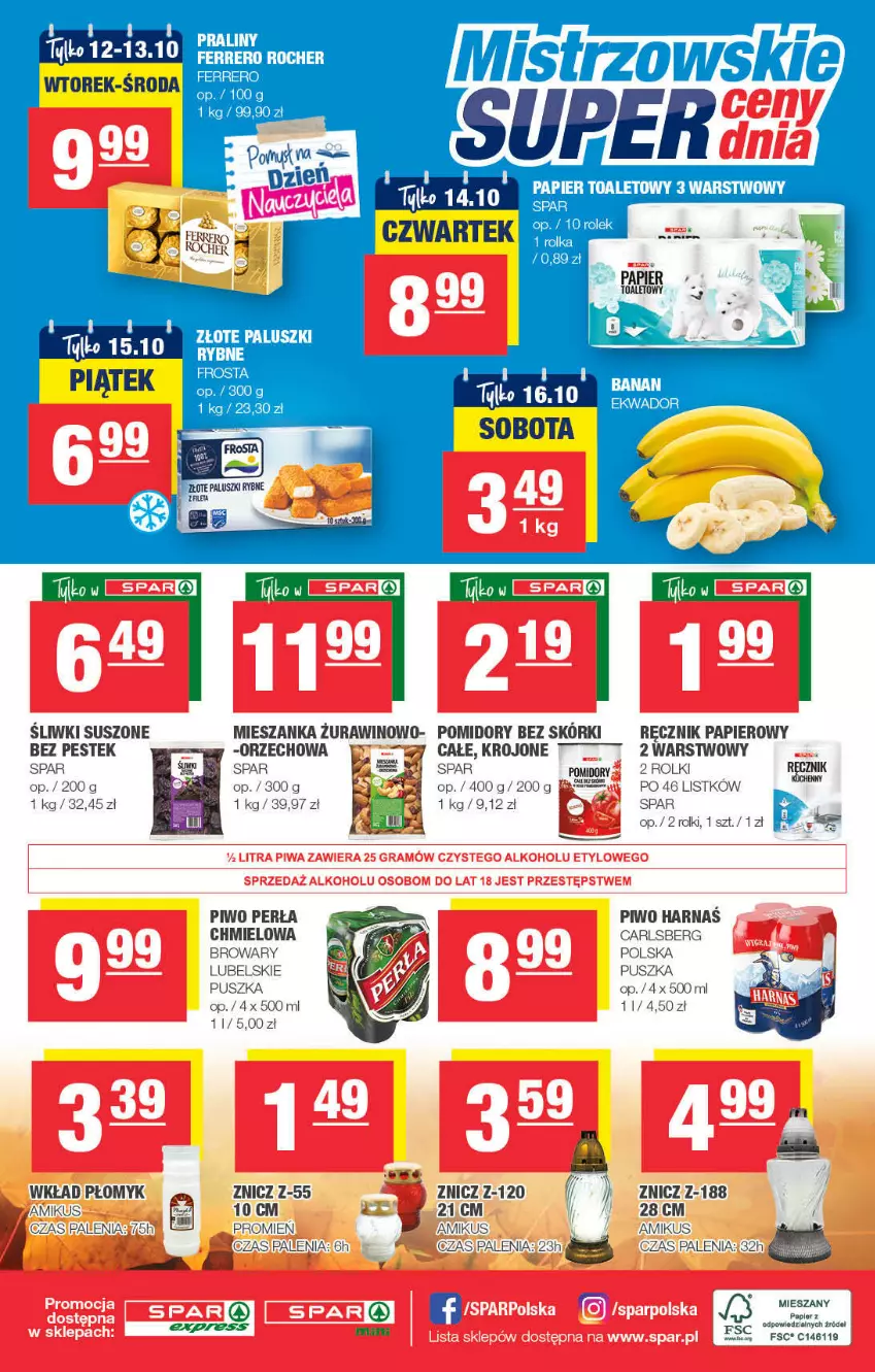 Gazetka promocyjna Spar - ważna 08.10 do 18.10.2021 - strona 4 - produkty: Carlsberg, Fa, Ferrero, Frosta, Harnaś, Paluszki rybne, Papier, Papier toaletowy, Perła, Piwo, Pomidory, Praliny, Ręcznik, Rolki, Stek, Wino, Znicz