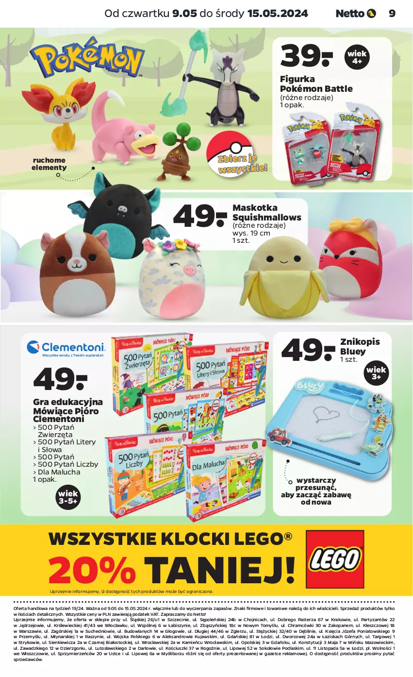 Gazetka promocyjna Netto - Akcesoria i dodatki - ważna 09.05 do 15.05.2024 - strona 9 - produkty: Fa, Gra, Klocki, Kujawski, LEGO, Podlaski, Pokémon, Sok, Stock, Top, Znikopis, Zwierzęta