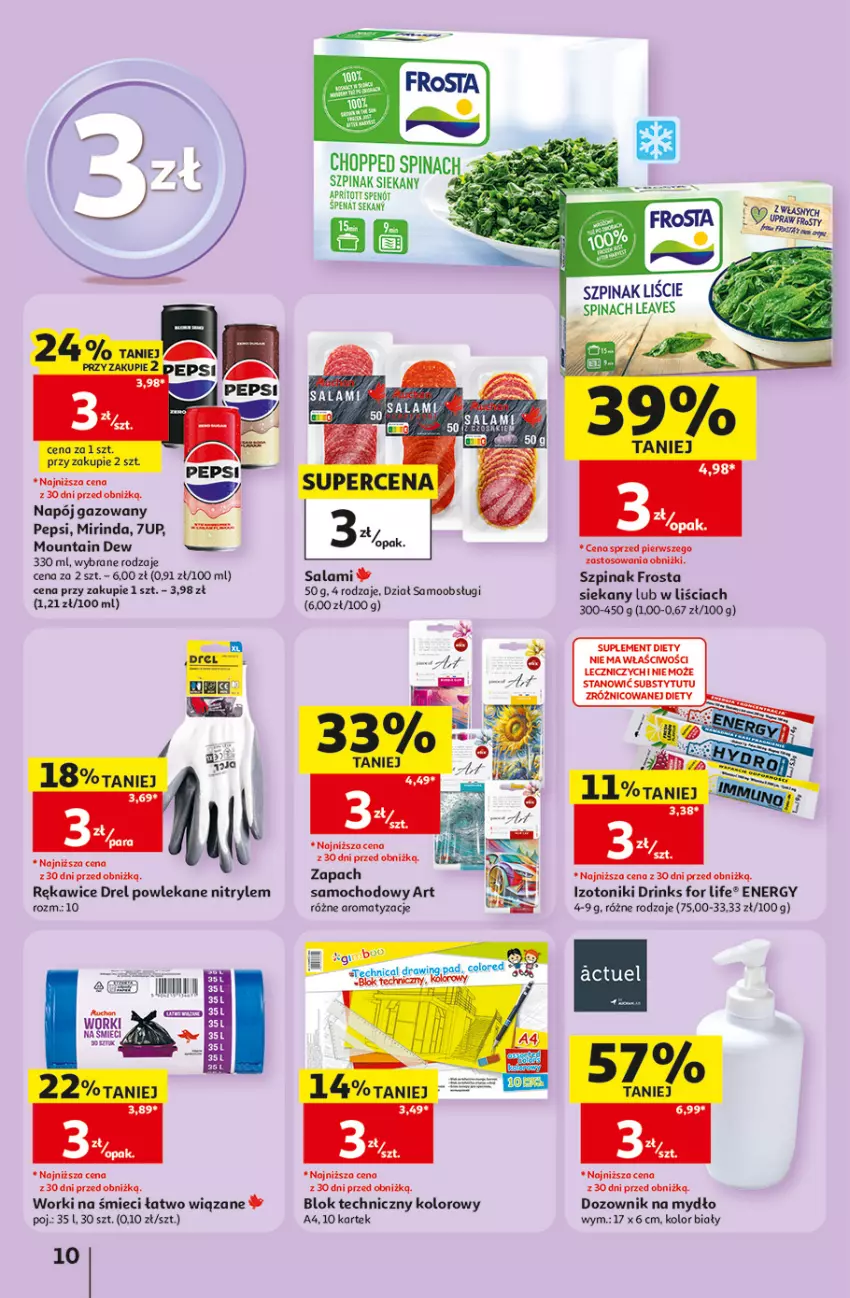 Gazetka promocyjna Auchan - Gazetka 30 Lat Hipermarket Auchan - ważna 17.09 do 23.09.2026 - strona 10 - produkty: 7up, Dozownik, Frosta, Mirinda, Mydło, Napój, Napój gazowany, Pepsi, Rękawice, Salami, Suplement diety, Szpinak, Tonik, Worki na śmiec, Worki na śmieci, Znicz