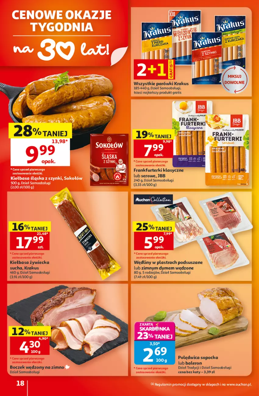 Gazetka promocyjna Auchan - Gazetka 30 Lat Hipermarket Auchan - ważna 17.09 do 23.09.2026 - strona 18 - produkty: Boczek, Frankfurterki, Gra, Kiełbasa, Krakus, Parówki, Polędwica, Ser