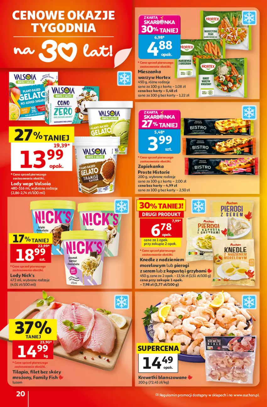 Gazetka promocyjna Auchan - Gazetka 30 Lat Hipermarket Auchan - ważna 17.09 do 23.09.2026 - strona 20 - produkty: AEG, Fa, Hortex, Kapustą, Knedle, Krewetki, Lody, Mieszanka warzyw, Pierogi, Ser, Tilapia, Zapiekanka