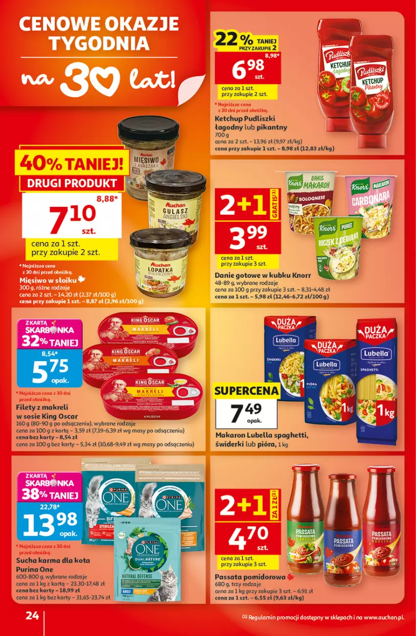 Gazetka promocyjna Auchan - Gazetka 30 Lat Hipermarket Auchan - ważna 17.09 do 23.09.2026 - strona 24 - produkty: Bell, Bella, Danie gotowe, Ketchup, Knorr, Lubella, Makaron, Pudliszki, Pur, Purina, Sos, Spaghetti, Sucha karma