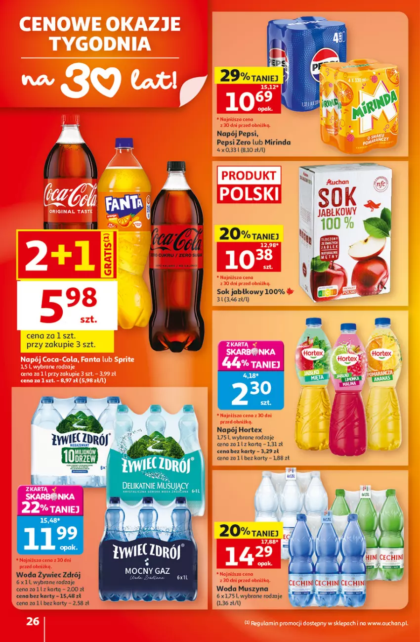 Gazetka promocyjna Auchan - Gazetka 30 Lat Hipermarket Auchan - ważna 17.09 do 23.09.2026 - strona 26 - produkty: Hortex, Mirinda, Mus, Napój, Pepsi, Sok, Sok jabłkowy, Szyna, Woda