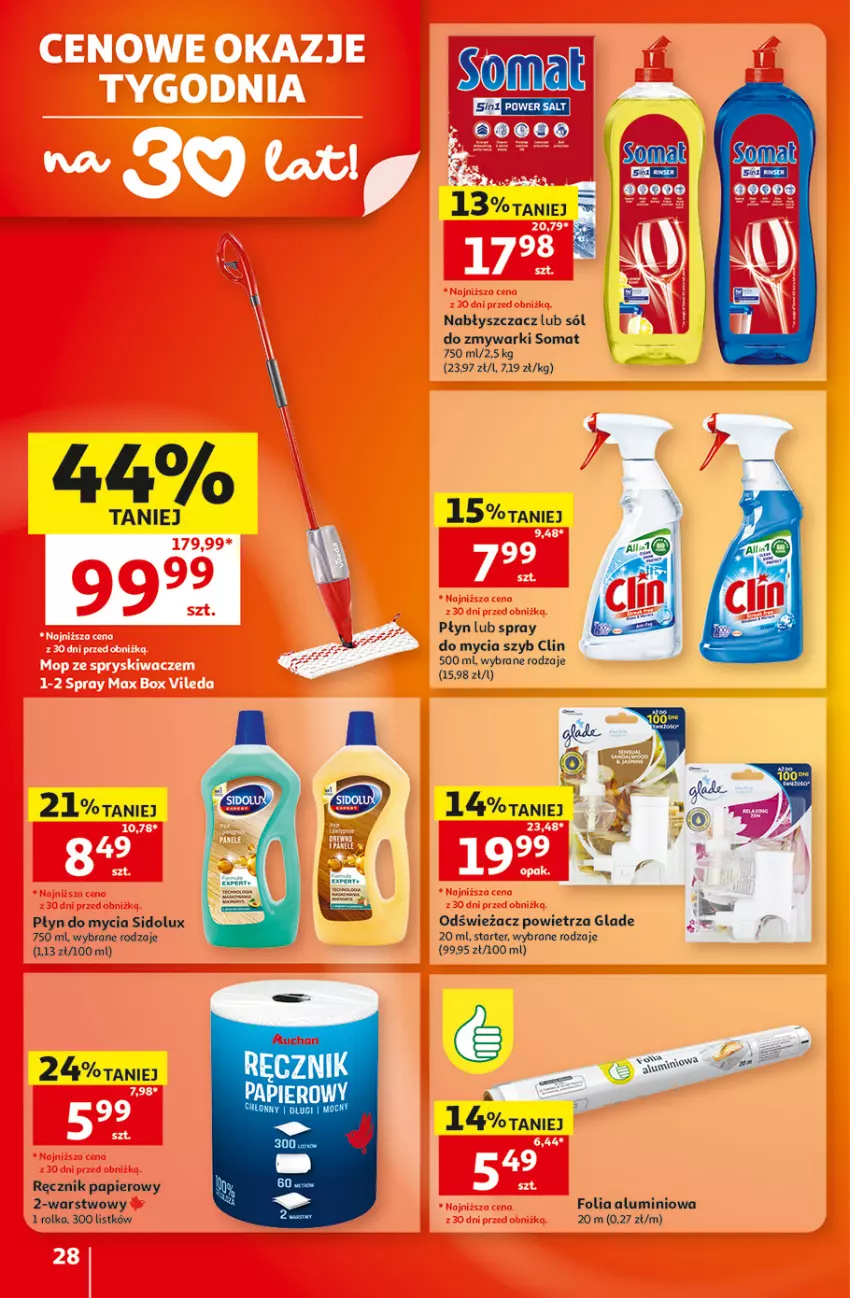 Gazetka promocyjna Auchan - Gazetka 30 Lat Hipermarket Auchan - ważna 17.09 do 23.09.2026 - strona 28 - produkty: Clin, Folia aluminiowa, Odświeżacz powietrza, Papier, Płyn do mycia, Ręcznik, Sidolux, Sól, Somat, Zmywarki