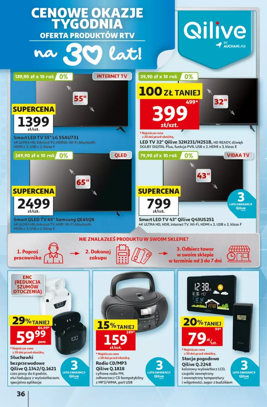 Gazetka promocyjna Auchan - Gazetka 30 Lat Hipermarket Auchan - ważna 17.09 do 23.09.2026 - strona 36 - produkty: Budzik, HD ready, LED TV, LG, Por, Samsung, Słuchawki, Słuchawki bezprzewodowe, Stacja pogodowa, Zegar