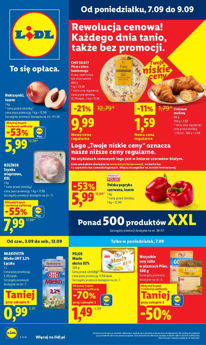 Gazetka promocyjna Lidl - Gazetka ważna od 7.09 do 9.09 - ważna 07.09 do 09.09.2026 - strona 1 - produkty: Croissant, Kurczak, Masło, Mleko, Mlekovita, Nektar, Papryka, Papryka czerwona, Piec, Pilos, Pizza, Pizza z pieca kamiennego, Ser, Szynka, Szynka wieprzowa