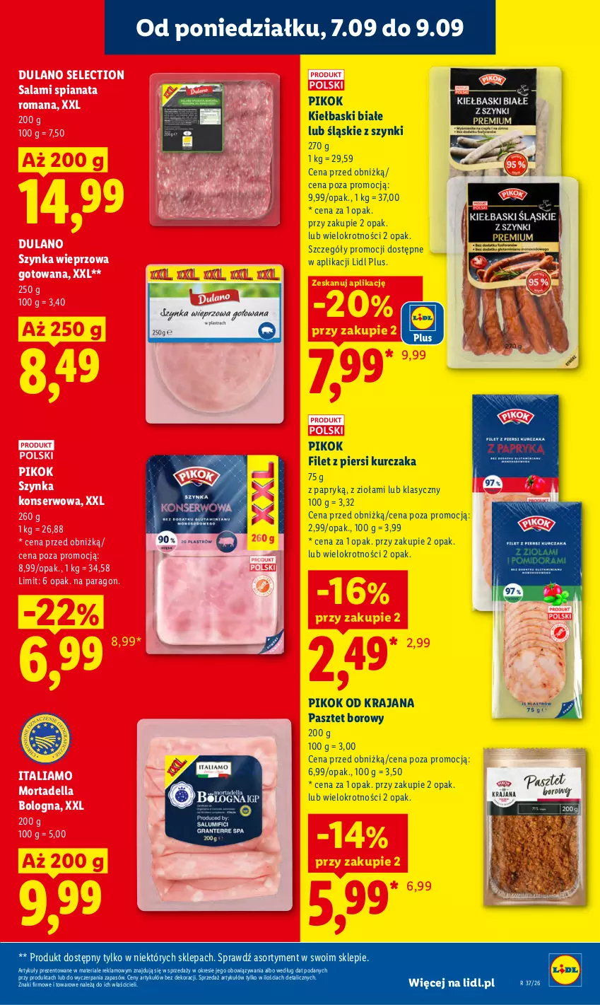 Gazetka promocyjna Lidl - Gazetka ważna od 7.09 do 9.09 - ważna 07.09 do 09.09.2026 - strona 37 - produkty: Dell, Dulano, Filet z piersi kurczaka, Kiełbaski białe, Kurczak, Mortadella, Pasztet, PIKOK, Salami, Ser, Szynka, Szynka konserwowa, Szynka wieprzowa