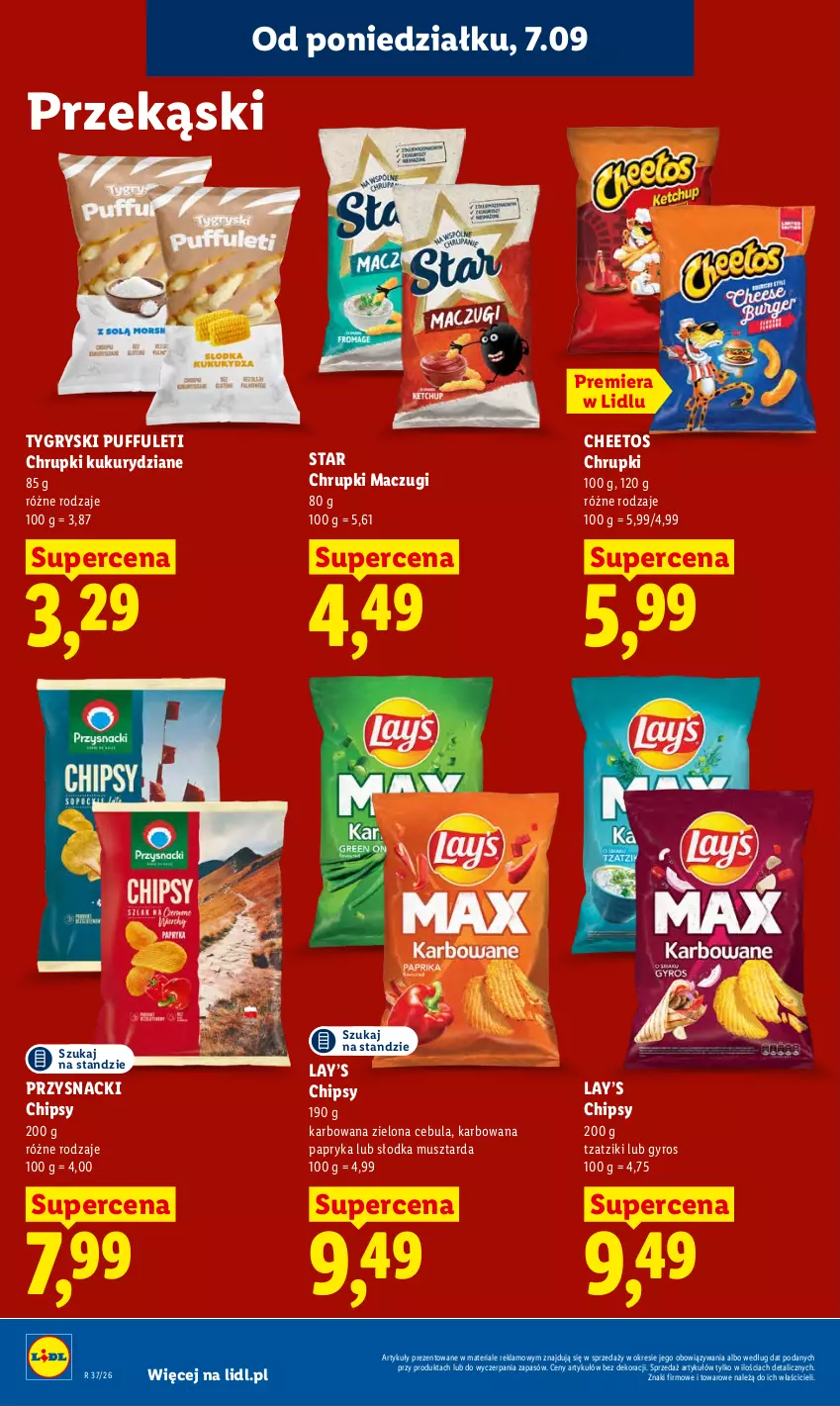 Gazetka promocyjna Lidl - Gazetka ważna od 7.09 do 9.09 - ważna 07.09 do 09.09.2026 - strona 72 - produkty: Cebula, Cheetos, Chipsy, Chrupki, Gry, Gyros, Lay’s, Mus, Musztarda, Papryka, Przysnacki, Puf