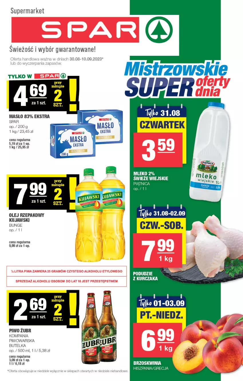 Gazetka promocyjna Spar - Spar - ważna 27.08 do 06.09.2023 - strona 1 - produkty: Kujawski, Kurczak, Masło, Mleko, Olej, Olej rzepakowy, Piątnica, Piwo