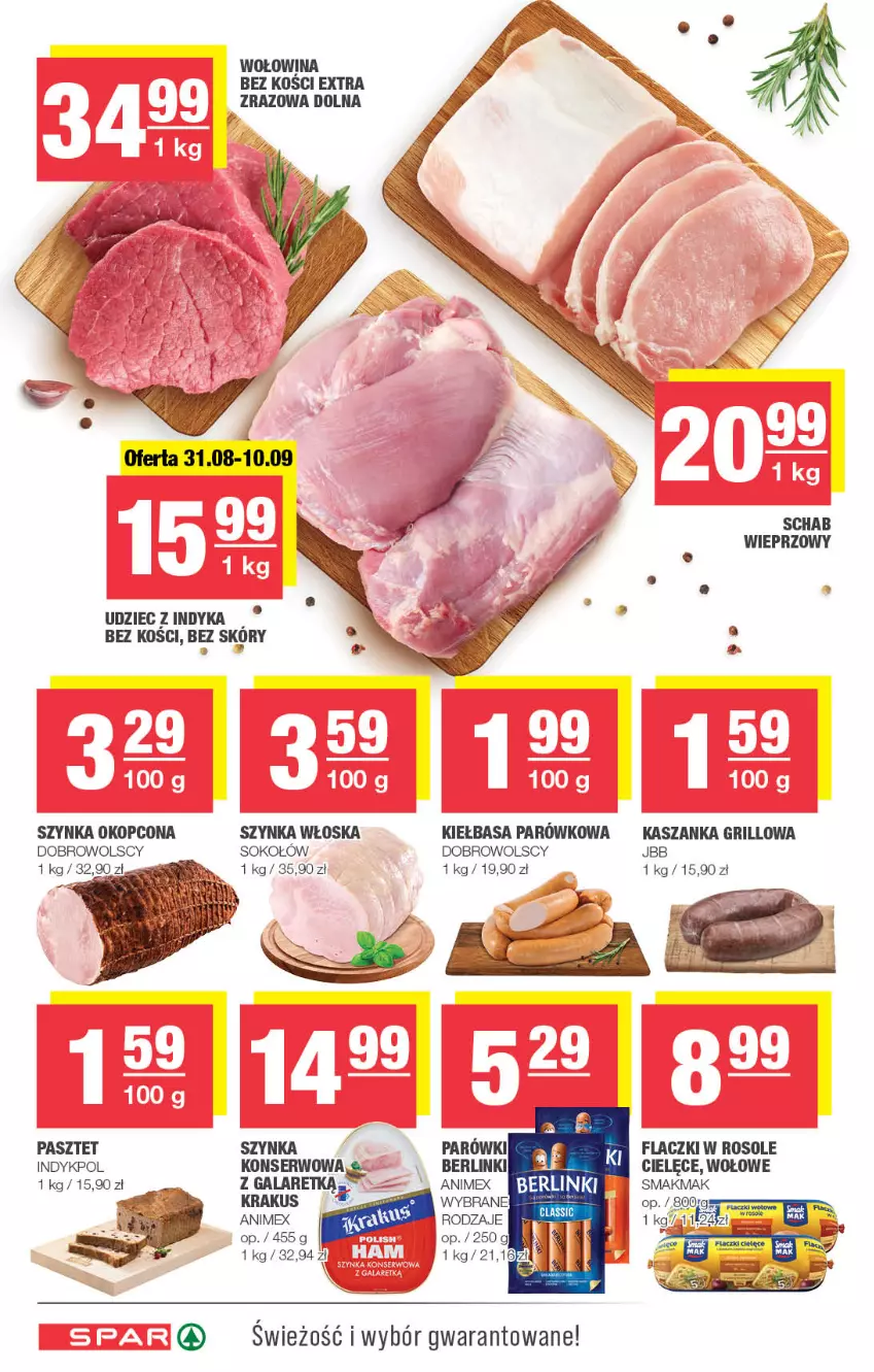 Gazetka promocyjna Spar - Spar - ważna 27.08 do 06.09.2023 - strona 4 - produkty: Gala, Grill, Kasza, Kaszanka, Kiełbasa, Krakus, Pasztet, Schab wieprzowy, Ser, Sok, Sokołów, Szynka, Udziec z indyka, Wołowina, Wołowina bez kości