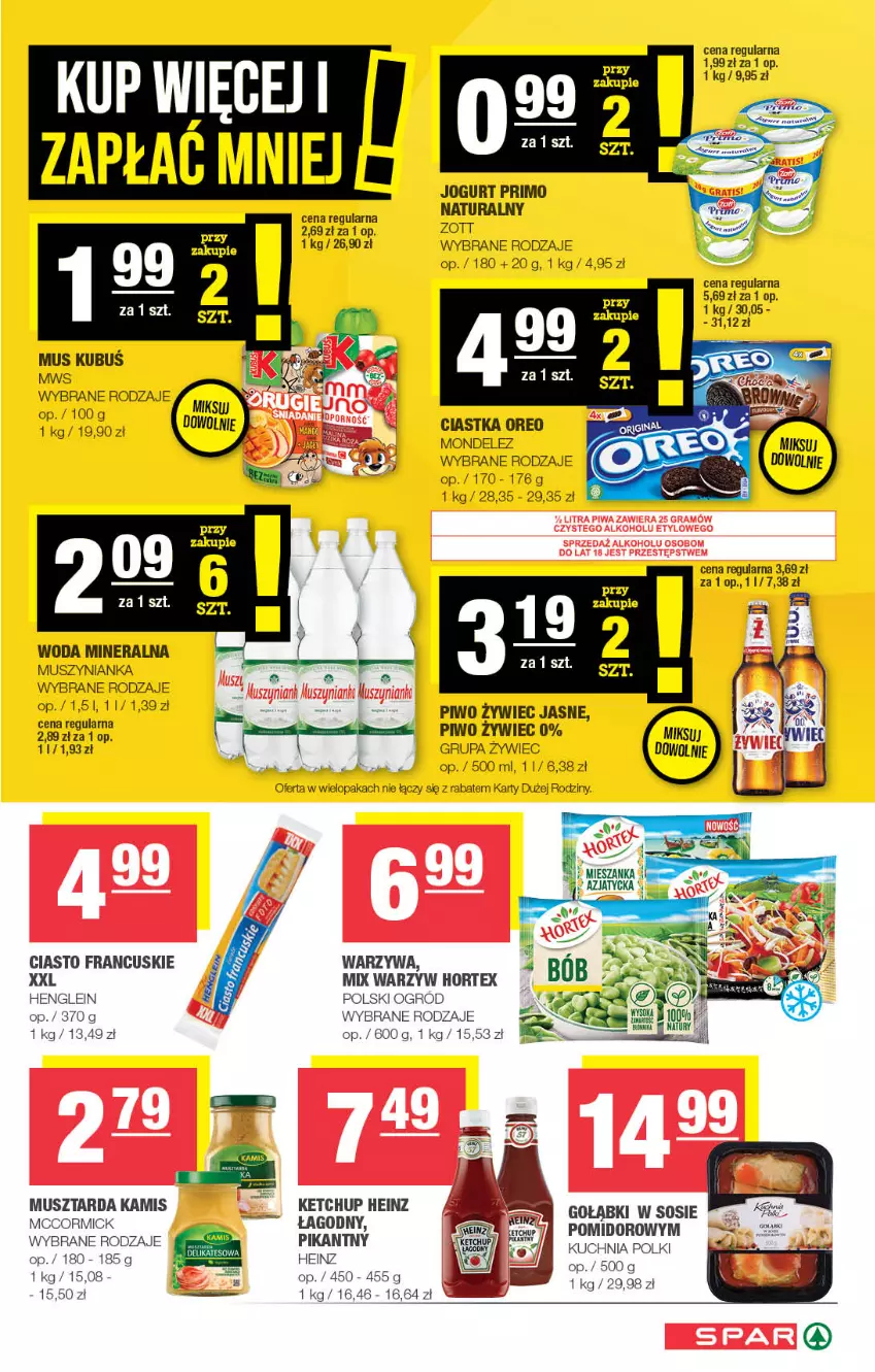 Gazetka promocyjna Spar - Spar - ważna 27.08 do 06.09.2023 - strona 5 - produkty: Ciastka, Ciasto francuskie, Heinz, Hortex, Jogurt, Kamis, Ketchup, Kuchnia, Mus, Musztarda, Muszynianka, Ogród, Oreo, Piwo, Sos, Warzywa, Woda, Woda mineralna, Zott