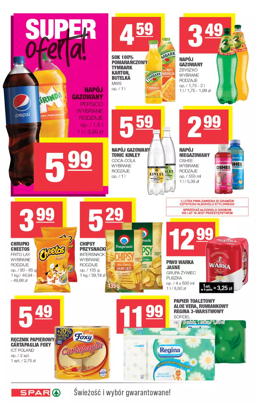 Gazetka promocyjna Spar - Spar - ważna 27.08 do 06.09.2023 - strona 6 - produkty: Aloe vera, Cheetos, Chipsy, Chrupki, Coca-Cola, Foxy, Gin, Napój, Napój gazowany, Oshee, Papier, Papier toaletowy, Pepsi, Piwo, Przysnacki, Ręcznik, Rum, Sok, Tymbark, Warka