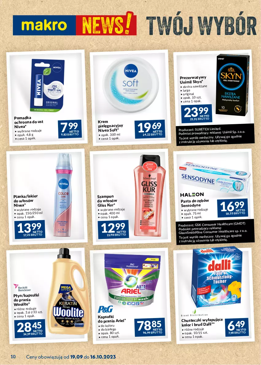 Gazetka promocyjna Makro - Najlepsze oferty - ważna 19.09 do 16.10.2023 - strona 10 - produkty: Ariel, Chusteczki, Gin, Gliss Kur, Kapsułki do prania, Lakier, Lakier do włosów, Nivea, Pasta do zębów, Prezerwatyw, Sensodyne, Skyn, Szampon, Unimil, Woolite