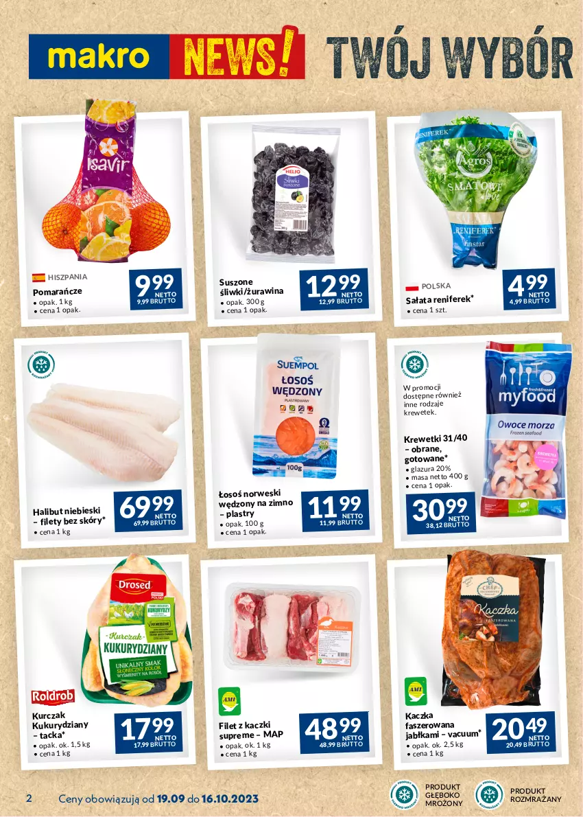 Gazetka promocyjna Makro - Najlepsze oferty - ważna 19.09 do 16.10.2023 - strona 2 - produkty: Fa, Glazura, Halibut, Jabłka, Kaczka, Kaczka faszerowana, Krewetki, Kurczak, Lazur, Pomarańcze, Renifer, Sałat