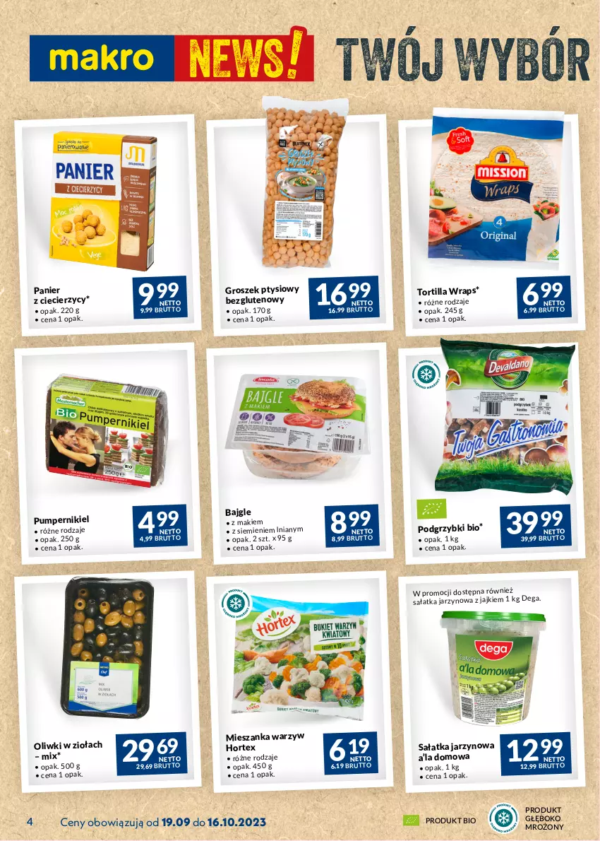 Gazetka promocyjna Makro - Najlepsze oferty - ważna 19.09 do 16.10.2023 - strona 4 - produkty: Bajgle, Dega, Groszek, Mieszanka warzyw, Oliwki, Podgrzybki, Sałat, Sałatka, Tortilla