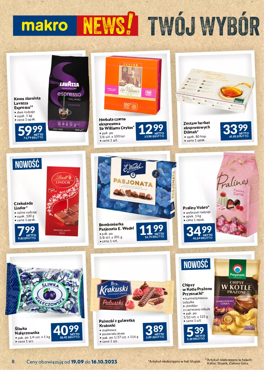 Gazetka promocyjna Makro - Najlepsze oferty - ważna 19.09 do 16.10.2023 - strona 8 - produkty: Cheddar, Chipsy, Czekolada, Dilmah, E. Wedel, Gala, Herbata, Herbata czarna, Iams, Kawa, Kawa ziarnista, Krakus, Krakuski, Lavazza, Lindor, Praliny, Przysnacki