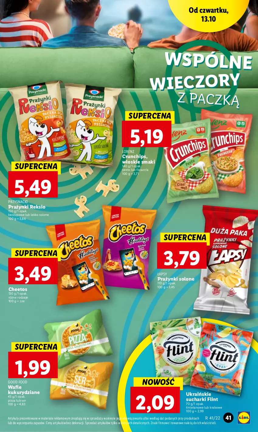 Gazetka promocyjna Lidl - GAZETKA - ważna 13.10 do 15.10.2022 - strona 41 - produkty: Cheetos, Crunchips, Focaccia, Lorenz, Pesto, Pizza, Przysnacki, Ser, Wafle