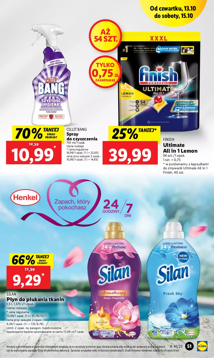 Gazetka promocyjna Lidl - GAZETKA - ważna 13.10 do 15.10.2022 - strona 51 - produkty: Cillit Bang, Finish, Olej, Płyn do płukania, Por, Silan, Spray do czyszczenia, Zmywarki