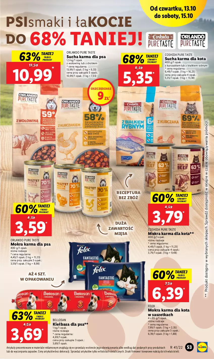 Gazetka promocyjna Lidl - GAZETKA - ważna 13.10 do 15.10.2022 - strona 53 - produkty: Bell, Felix, Kiełbasa, Koc, Kurczak, Mokra karma, Pur, Sucha karma