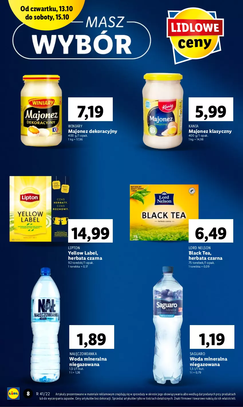 Gazetka promocyjna Lidl - GAZETKA - ważna 13.10 do 15.10.2022 - strona 8 - produkty: Herbata, Herbata czarna, Lack, Lipton, Majonez, Nałęczowianka, Torebka, Winiary, Woda, Woda mineralna