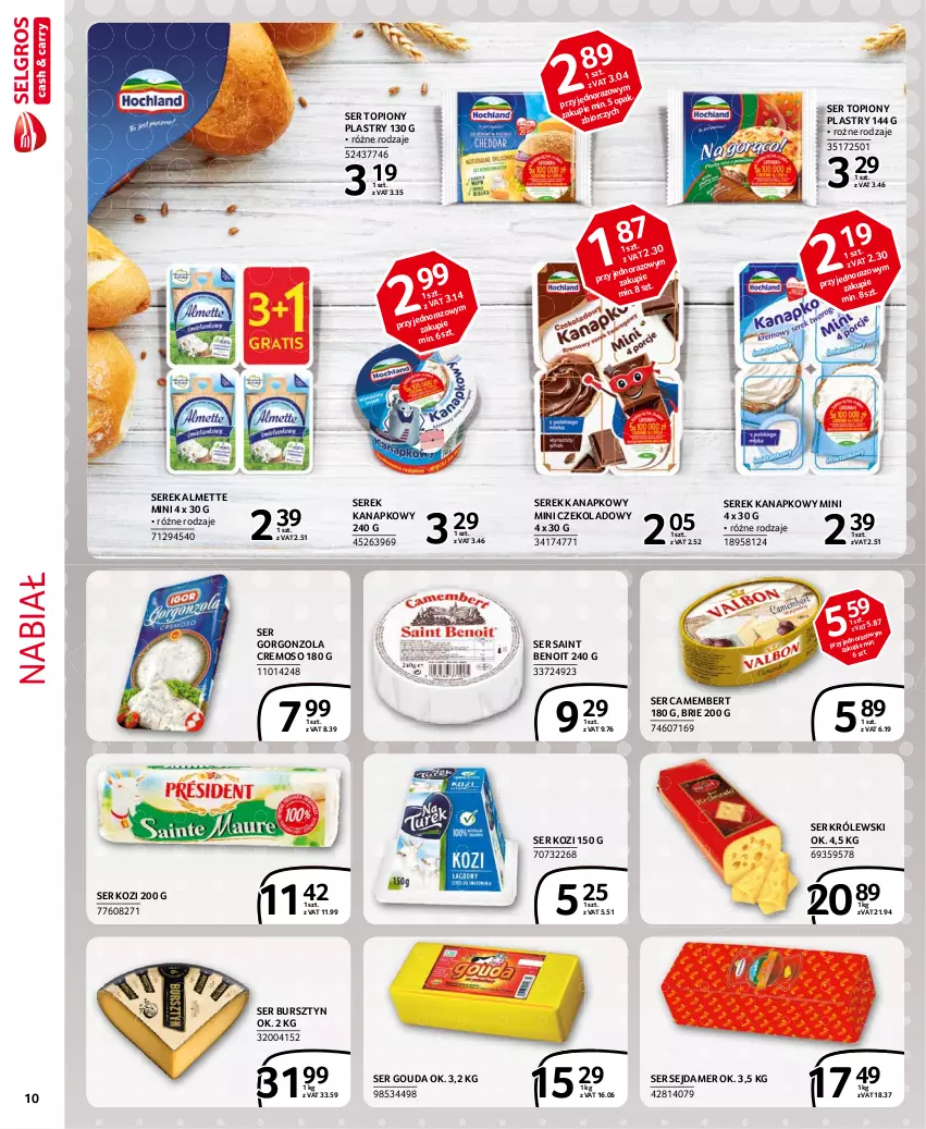 Gazetka promocyjna Selgros - Extra Oferta - ważna 01.03 do 31.03.2021 - strona 10 - produkty: Almette, Brie, Bursztyn, Camembert, Gorgonzola, Gouda, Królewski, Sejdamer, Ser, Ser kozi, Ser topiony, Serek, Serek kanapkowy, Top