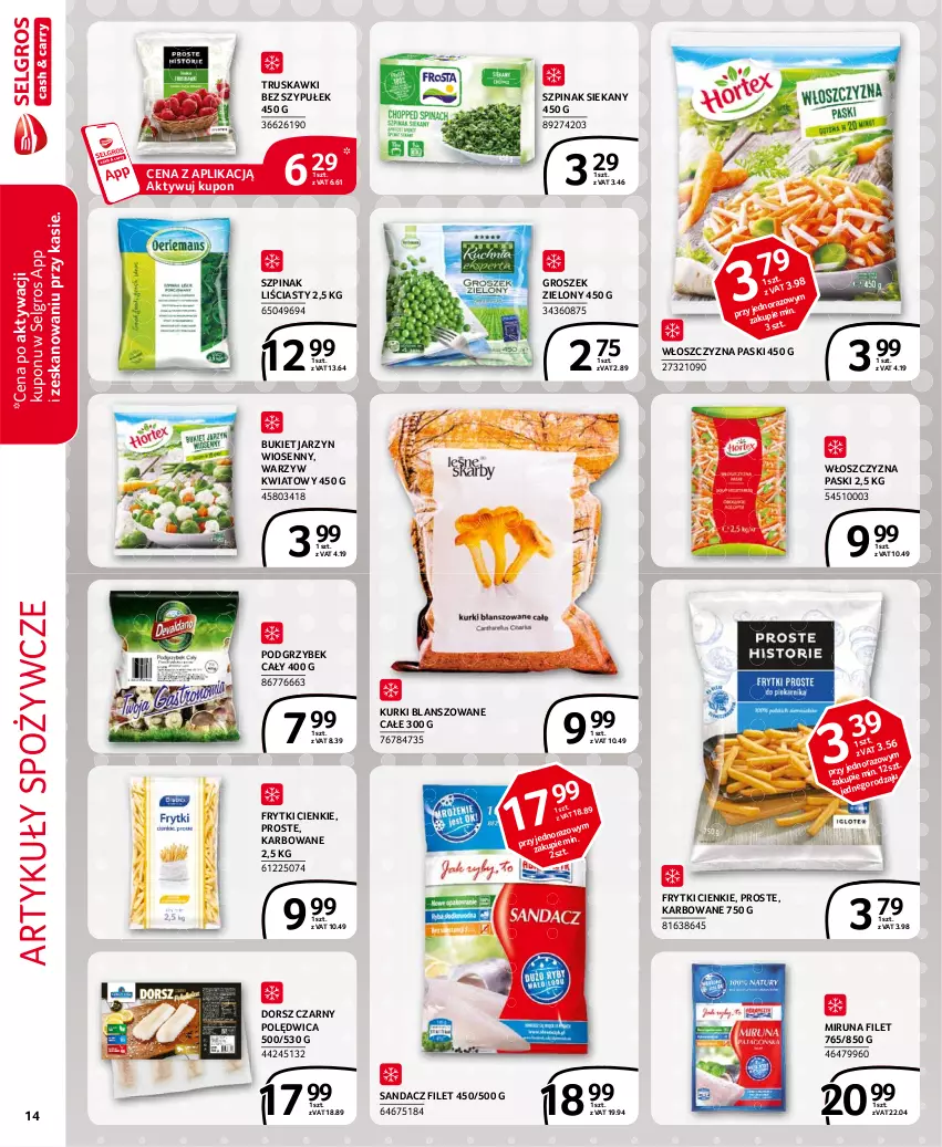 Gazetka promocyjna Selgros - Extra Oferta - ważna 01.03 do 31.03.2021 - strona 14 - produkty: Artykuły spożywcze, Bukiet, Dorsz, Frytki, Groszek, LG, Miruna, Polędwica, Sandacz, Sandacz filet, Szpinak, Truskawki