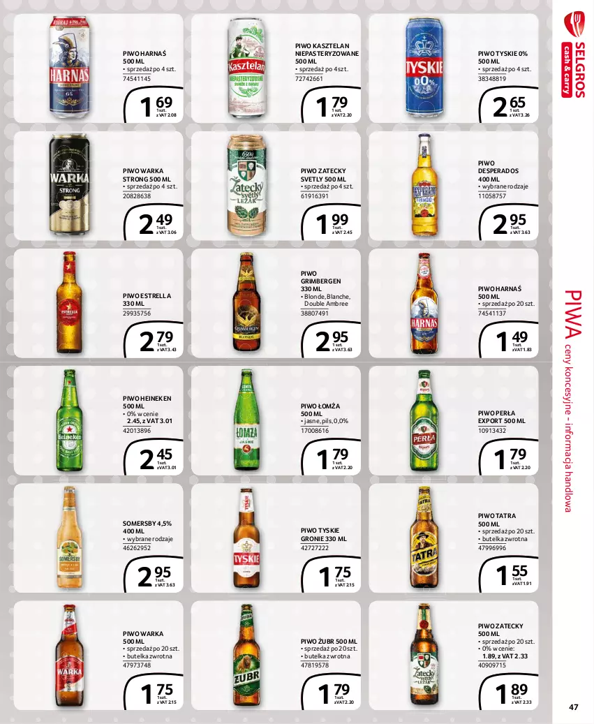 Gazetka promocyjna Selgros - Extra Oferta - ważna 01.03 do 31.03.2021 - strona 47 - produkty: Desperados, Harnaś, Heineken, Kasztelan, Perła, Piwa, Piwo, Por, Somersby, Tatra, Tyskie, Warka