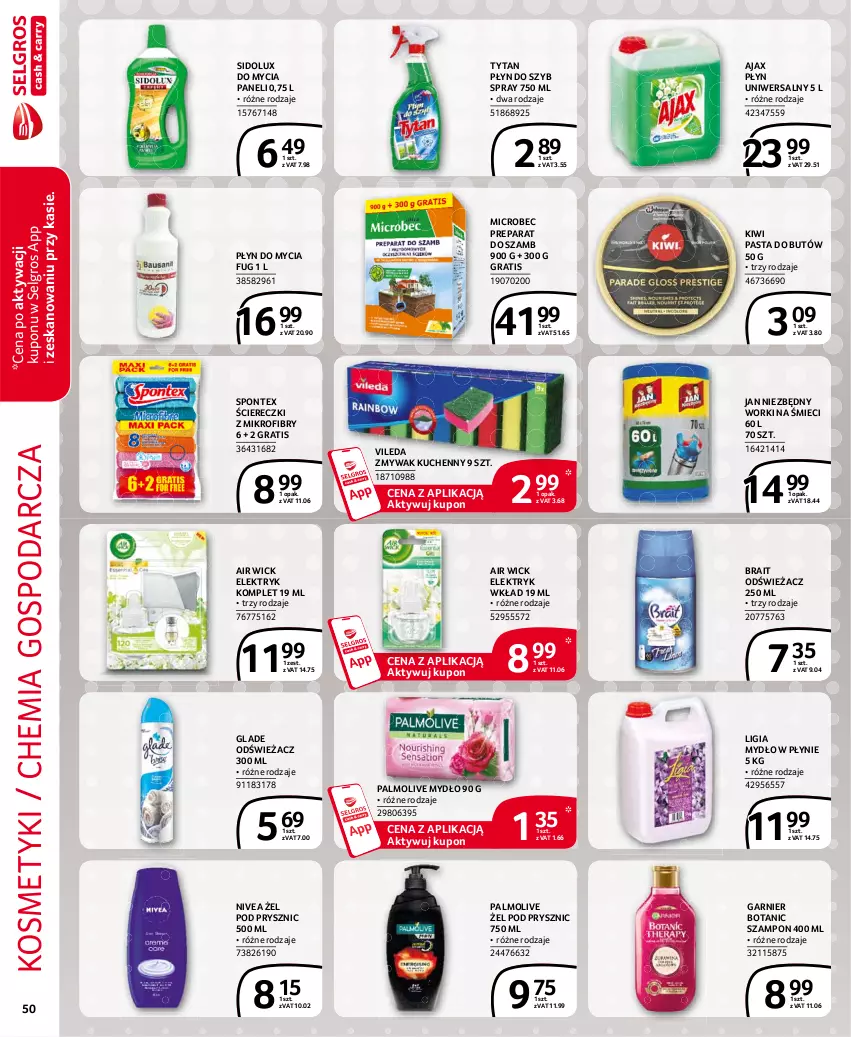 Gazetka promocyjna Selgros - Extra Oferta - ważna 01.03 do 31.03.2021 - strona 50 - produkty: Air Wick, Ajax, Garnier, Gra, Jan Niezbędny, Kiwi, LG, Mydło, Mydło w płynie, Nivea, Palmolive, Płyn do mycia, Płyn do szyb, Sidolux, Szampon, Tytan, Vileda, Worki na śmiec, Worki na śmieci