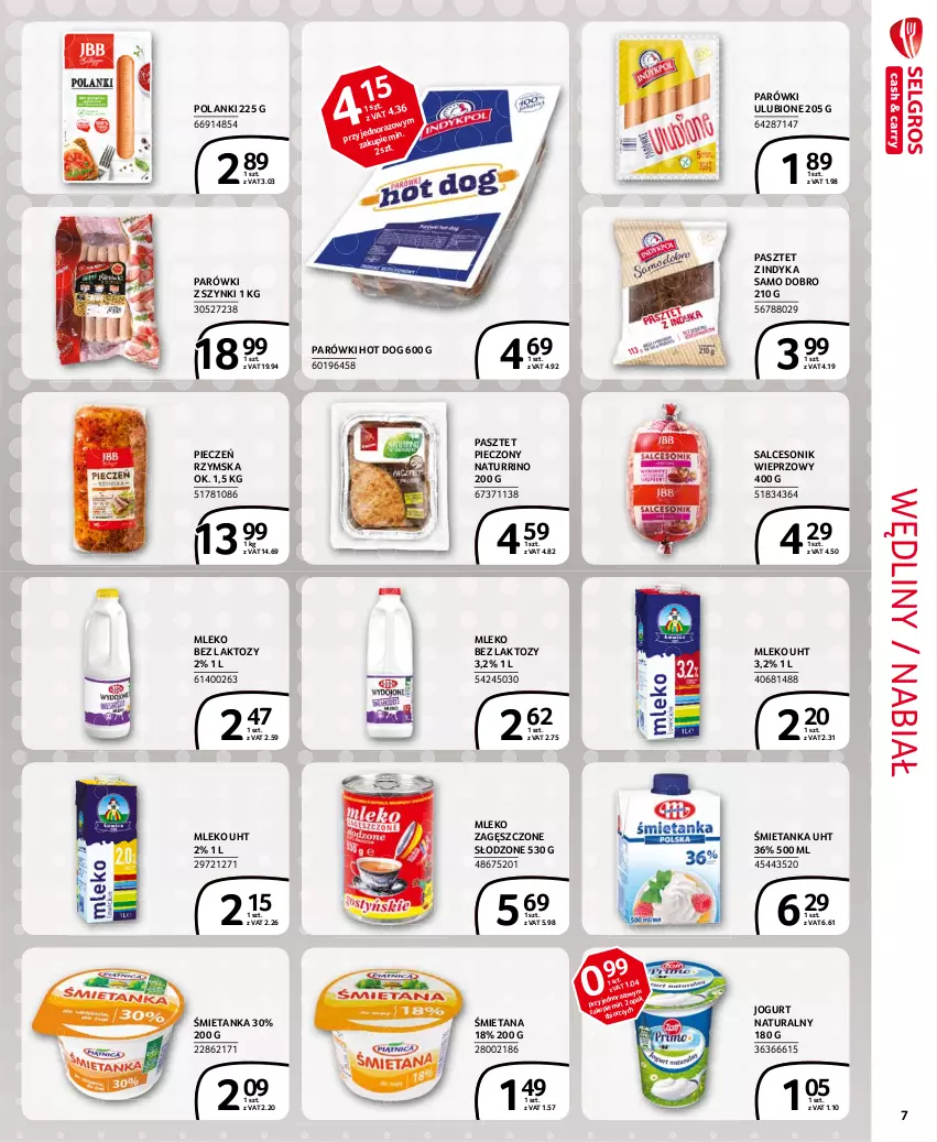 Gazetka promocyjna Selgros - Extra Oferta - ważna 01.03 do 31.03.2021 - strona 7 - produkty: Hot dog, Jogurt, Jogurt naturalny, Lanki, Mleko, Mleko bez laktozy, Mleko zagęszczone, Parówki, Parówki hot dog, Parówki z szynki, Pasztet, Pasztet z indyka, Piec, Pieczeń rzymska, Salceson