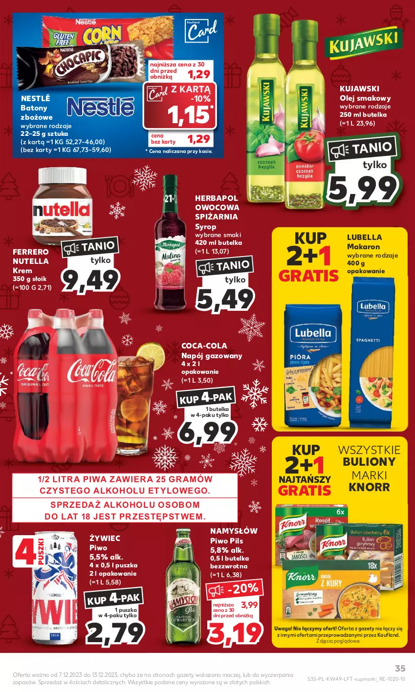 Gazetka promocyjna Kaufland - Gazetka tygodnia - ważna 07.12 do 13.12.2023 - strona 35 - produkty: Baton, Bell, Bella, Bulion, Coca-Cola, Ferrero, Gra, Herbapol, Knorr, Kujawski, Lion, Lubella, Makaron, Namysłów, Napój, Napój gazowany, Nestlé, Nutella, Olej, Olej smakowy, Piwa, Piwo, Syrop, Waga