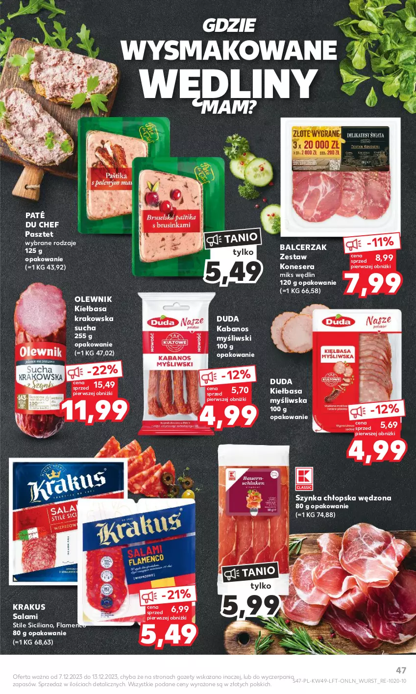 Gazetka promocyjna Kaufland - Gazetka tygodnia - ważna 07.12 do 13.12.2023 - strona 47 - produkty: Duda, Kabanos, Kiełbasa, Kiełbasa krakowska, Krakus, Olewnik, Pasztet, Salami, Ser, Szynka