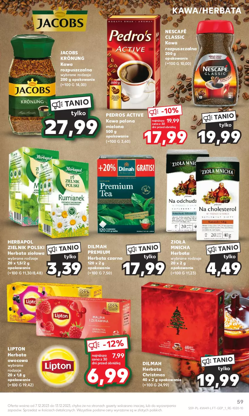 Gazetka promocyjna Kaufland - Gazetka tygodnia - ważna 07.12 do 13.12.2023 - strona 59 - produkty: Dilmah, Herbapol, Herbata, Herbata czarna, Herbata owocowa, Jacobs, Jacobs Krönung, Kawa, Kawa rozpuszczalna, Lipton, Nescafé