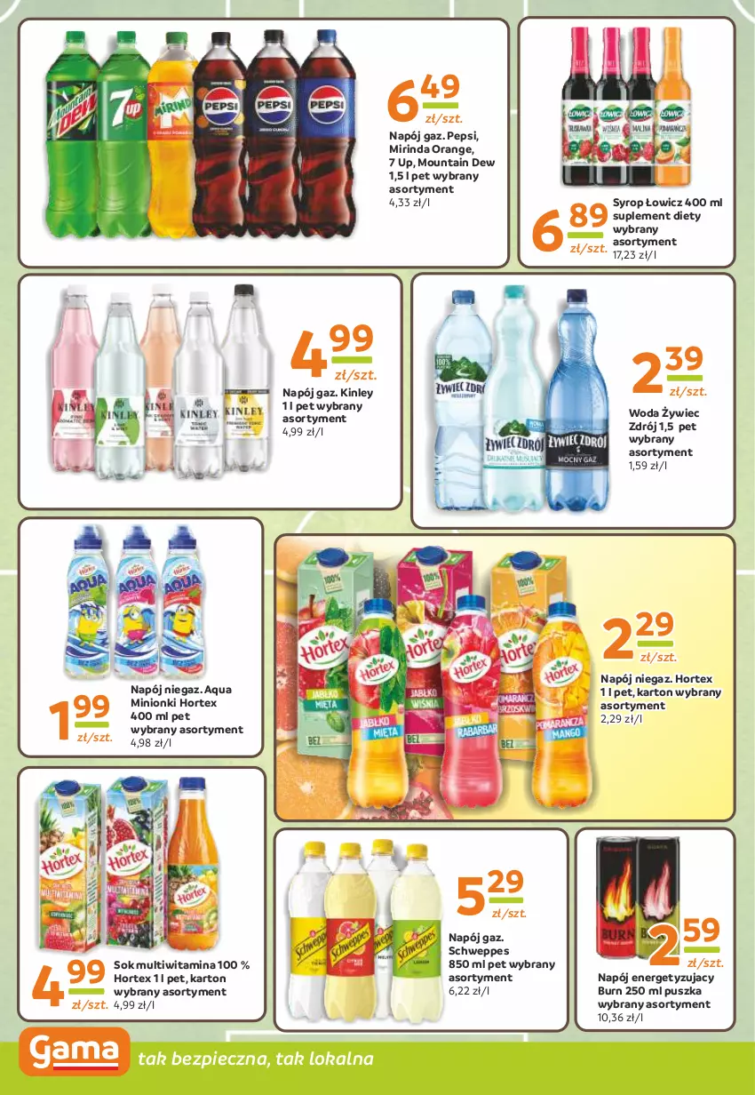 Gazetka promocyjna Gama - Gazetka Gama - ważna 27.06 do 09.07.2024 - strona 10 - produkty: Hortex, Mirinda, Napój, Pepsi, Piec, Schweppes, Sok, Suplement diety, Syrop, Woda