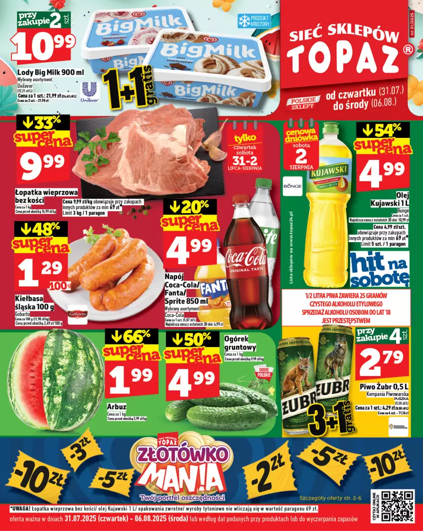 Gazetka promocyjna Topaz - Gazetka - ważna 31.07 do 06.08.2025 - strona 1 - produkty: Gra, Kiełbasa, Kujawski, Olej, Piwa, Por, Top, Waga