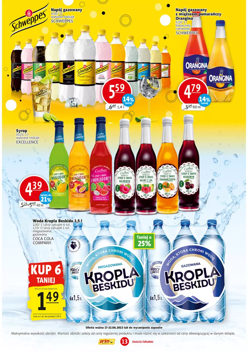 Gazetka promocyjna Prim Market - ważna 17.06 do 22.06.2022 - strona 13 - produkty: Gin, Gry, Napój, Napój gazowany, Schweppes, Sok, Syrop, Woda