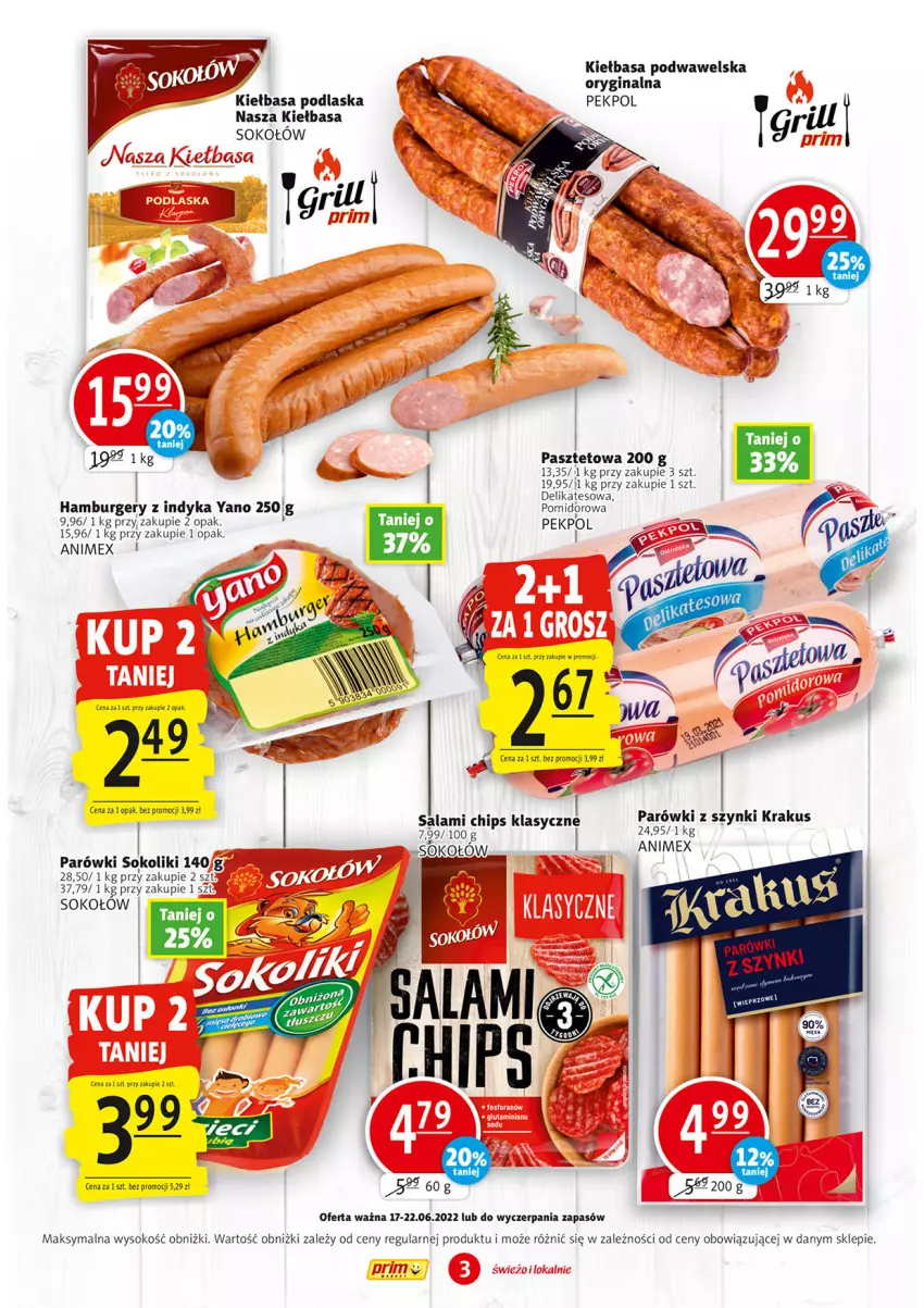 Gazetka promocyjna Prim Market - ważna 17.06 do 22.06.2022 - strona 3 - produkty: Burger, Gin, Hamburger, Kiełbasa, Kiełbasa podwawelska, Krakus, Parówki, Parówki sokoliki, Parówki z szynki, Pasztet, Pekpol, Salami, Sok, Sokołów, Wawel