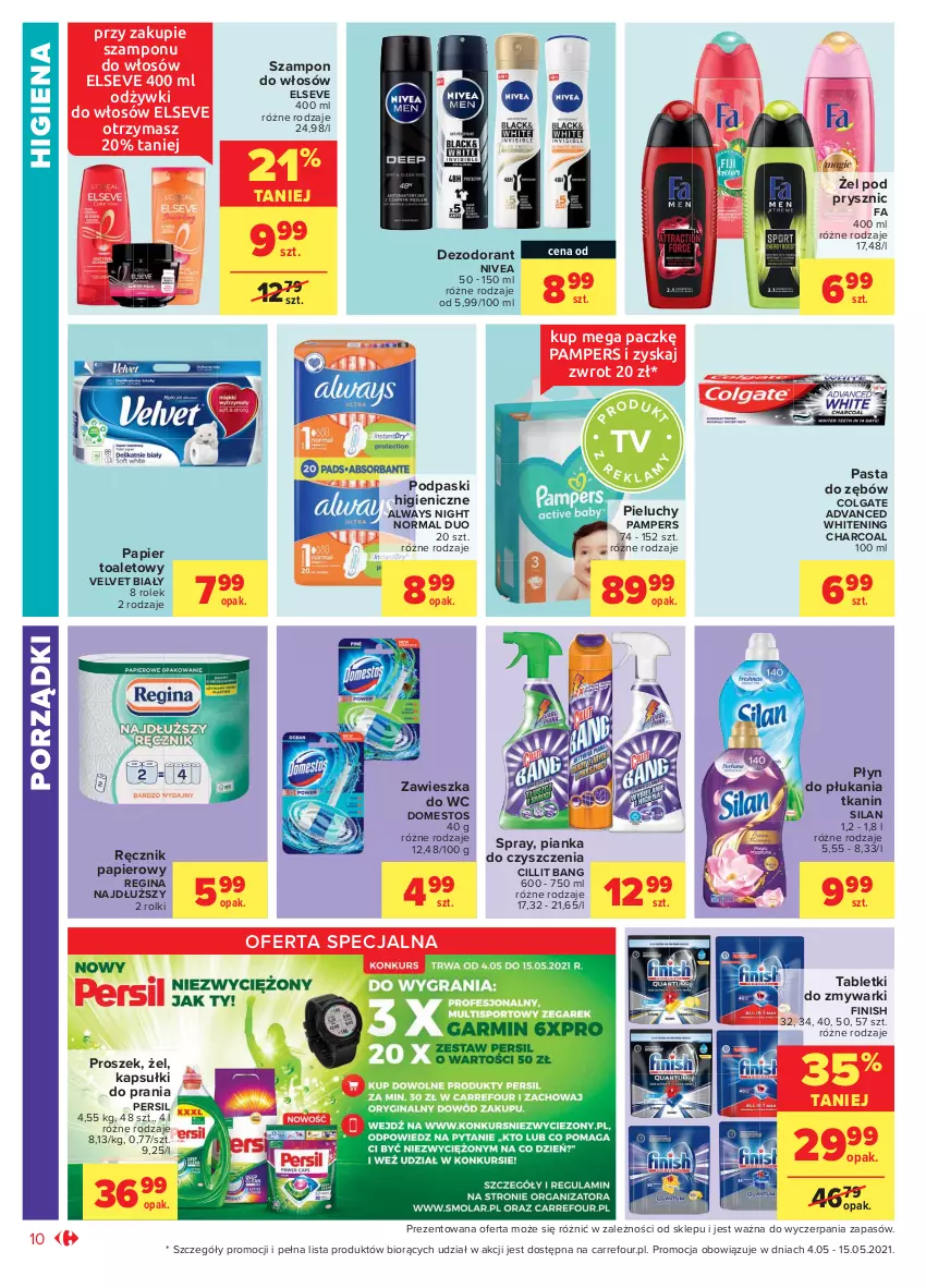 Gazetka promocyjna Carrefour - Gazetka Market - ważna 03.05 do 15.05.2021 - strona 10 - produkty: Always, Cillit Bang, Colgate, Dezodorant, Domestos, Elseve, Fa, Finish, Gin, Kapsułki do prania, LG, Nivea, Pampers, Papier, Papier toaletowy, Pasta do zębów, Persil, Pianka do czyszczenia, Pieluchy, Płyn do płukania, Podpaski, Por, Ręcznik, Rolki, Silan, Szampon, Tablet, Tabletki do zmywarki, Velvet, Zawieszka do wc, Zmywarki