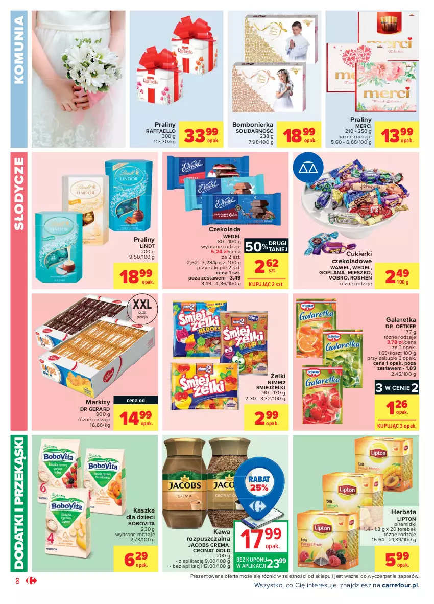 Gazetka promocyjna Carrefour - Gazetka Market - ważna 03.05 do 15.05.2021 - strona 8 - produkty: BoboVita, Cukier, Cukierki, Cukierki czekoladowe, Czekolada, Dr Gerard, Dr. Oetker, Dzieci, Fa, Gala, Galaretka, Goplana, Herbata, Jacobs, Kawa, Kawa rozpuszczalna, Kosz, LANA, Lindt, Lipton, Merci, Nimm2, Por, Praliny, Raffaello, Wawel