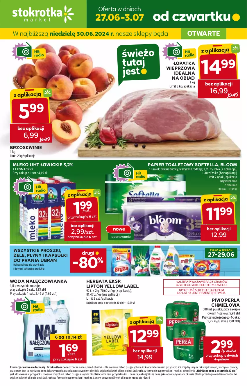 Gazetka promocyjna Stokrotka - Market - ważna 27.06 do 03.07.2024 - strona 1 - produkty: Brzoskwinie, Gra, Herbata, HP, JBL, Kapsułki do prania, Lipton, Mleko, Nałęczowianka, Papier, Papier toaletowy, Perła, Piwa, Piwo, Woda