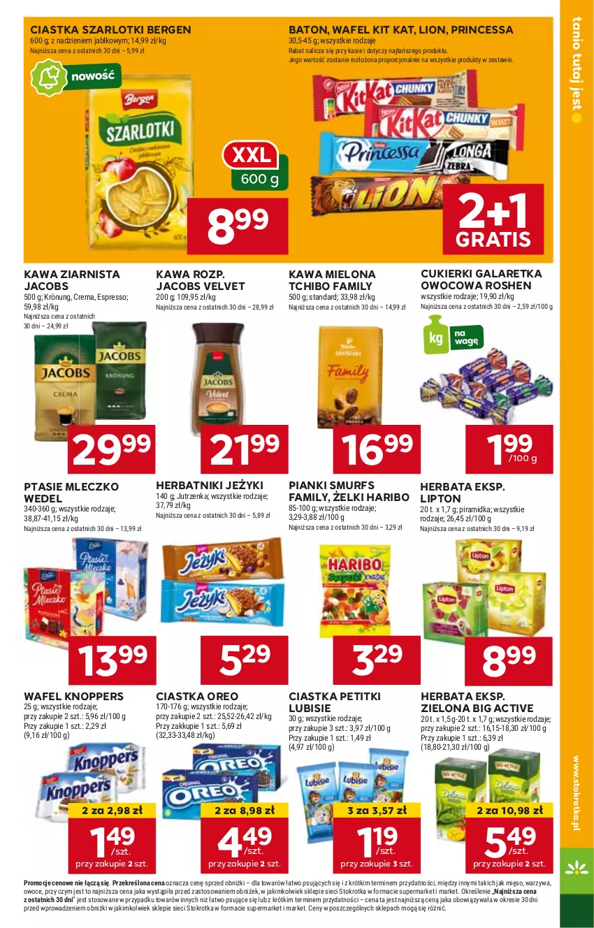 Gazetka promocyjna Stokrotka - Market - ważna 27.06 do 03.07.2024 - strona 11 - produkty: Baton, Ciastka, Cukier, Cukierki, Fa, Gala, Galaretka, Gra, Haribo, Herbata, Herbatniki, HP, Jacobs, Jacobs Velvet, Jeżyki, Kawa, Kawa mielona, Kawa ziarnista, Kit Kat, Knoppers, Lion, Lipton, Lubisie, Mleczko, Oreo, Princessa, Ptasie mleczko, Tchibo, Tchibo Family, Velvet