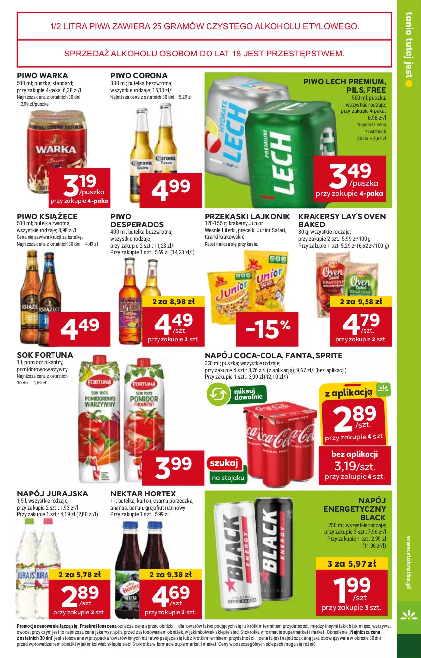 Gazetka promocyjna Stokrotka - Market - ważna 27.06 do 03.07.2024 - strona 13 - produkty: Coca-Cola, Desperados, Fa, Fanta, Fortuna, Gra, Hortex, HP, Krakersy, Książęce, Lack, Lajkonik, Lay’s, Lech Premium, Napój, Napój energetyczny, Nektar, Piwa, Piwo, Sok, Sprite, Warka