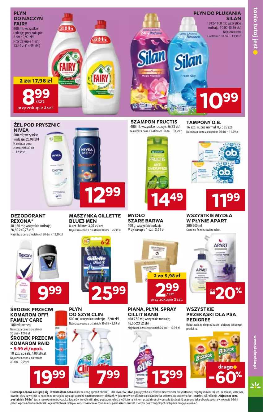 Gazetka promocyjna Stokrotka - Market - ważna 27.06 do 03.07.2024 - strona 17 - produkty: Cillit Bang, Clin, Dezodorant, Fa, Fairy, Fructis, Gillette, HP, Maszynka, Mydło, Nivea, O.B., Pedigree, Płyn do płukania, Płyn do szyb, Przekąski dla psa, Rexona, Silan, Szampon, Szynka, Tampony