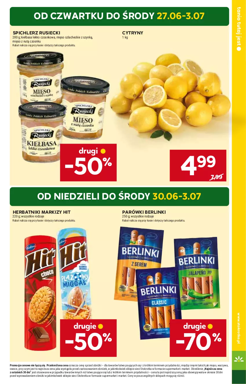 Gazetka promocyjna Stokrotka - Market - ważna 27.06 do 03.07.2024 - strona 3 - produkty: Berlinki, Cytryny, Herbatniki, HP, Parówki, Spichlerz Rusiecki