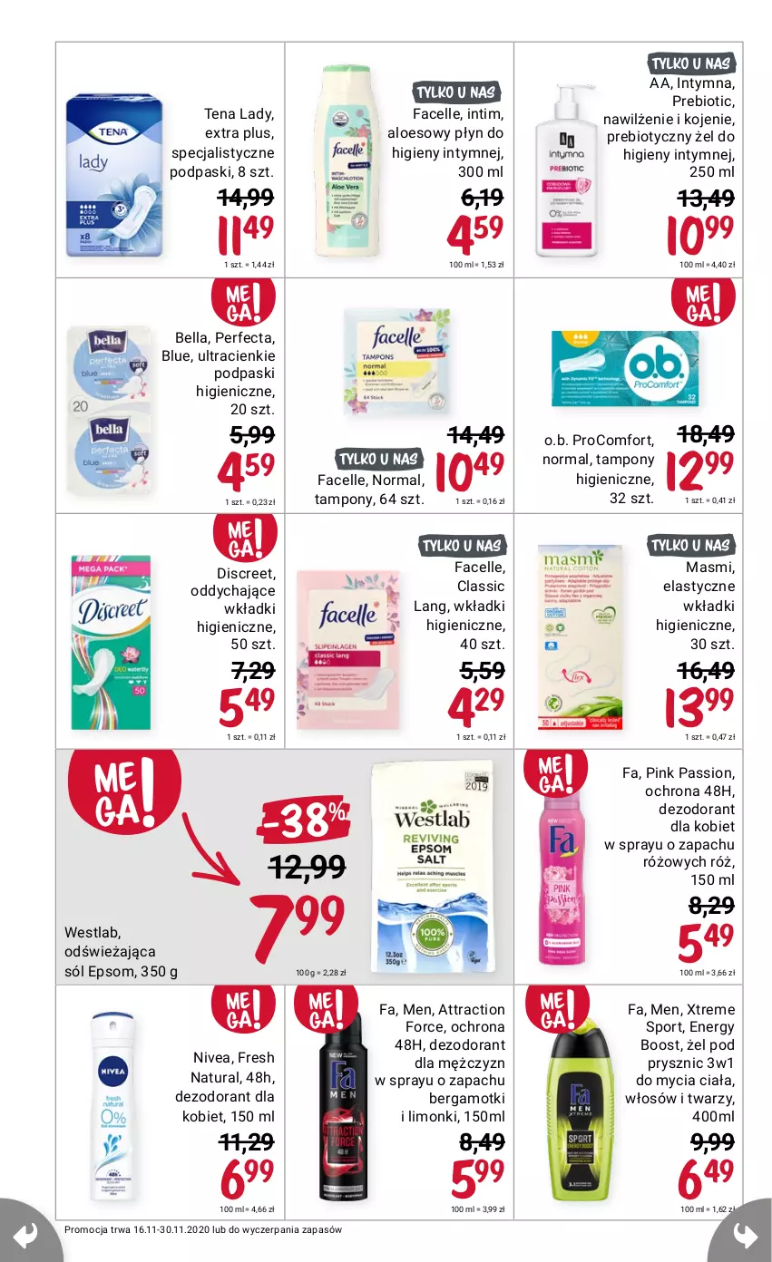 Gazetka promocyjna Rossmann - 16 Listopad - ważna 16.11 do 30.11.2021 - strona 14 - produkty: Bell, Bella, Dezodorant, Discreet, Fa, Facelle, Nivea, O.B., Perfecta, Podpaski, Por, Sól, Sport, Tampony