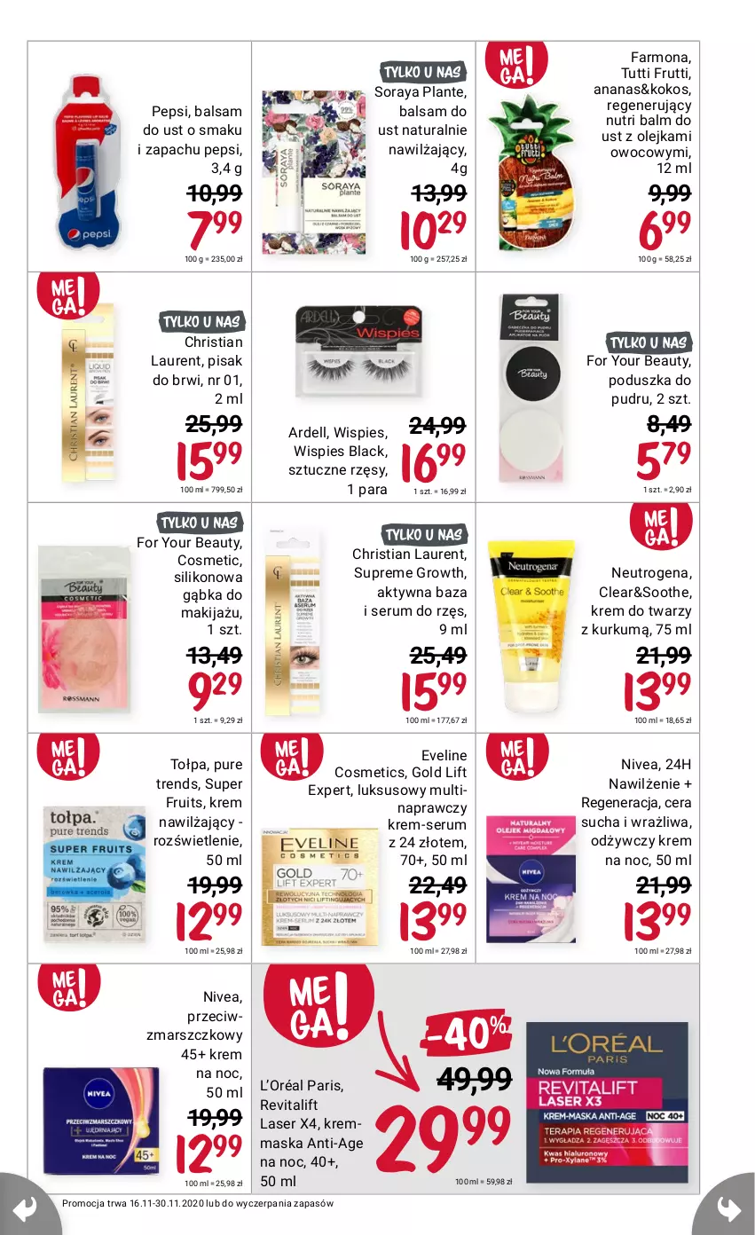 Gazetka promocyjna Rossmann - 16 Listopad - ważna 16.11 do 30.11.2021 - strona 7 - produkty: Ananas, Balsam do ust, Dell, Eveline, Fa, Kokos, Krem na noc, L’Oréal, Lack, Laur, Maska, Neutrogena, Nivea, Olej, Pepsi, Poduszka, Rum, Ser, Serum