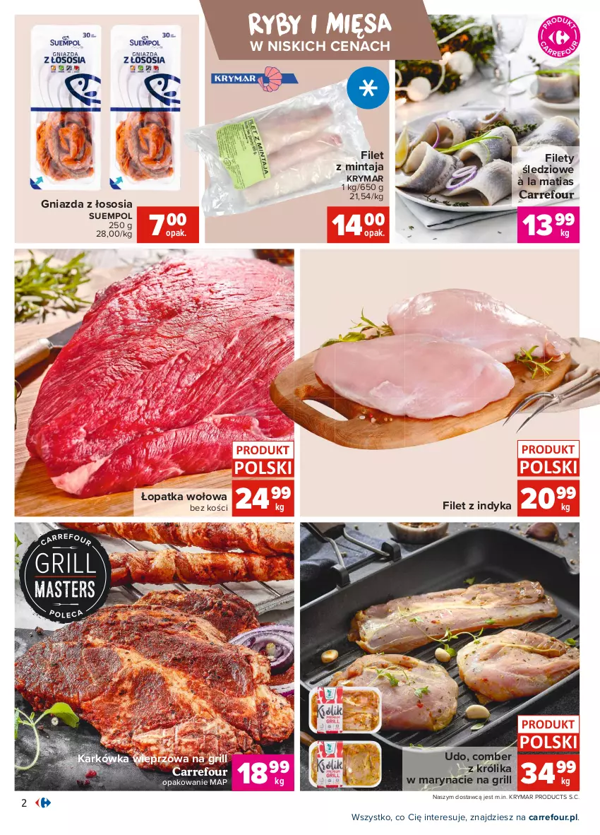 Gazetka promocyjna Carrefour - Gazetka Targi świeżości - ważna 26.07 do 02.08.2021 - strona 2 - produkty: Filet z mintaja, Grill, Karkówka wieprzowa, Królik, Mintaj, Sos, Suempol