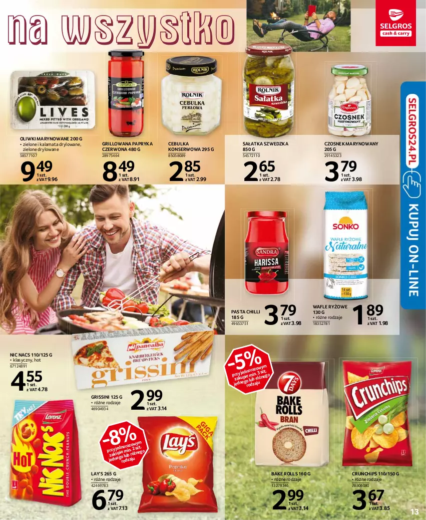 Gazetka promocyjna Selgros - Katalog Grill - ważna 15.04 do 28.04.2021 - strona 13 - produkty: Bake Rolls, Crunchips, Czosnek, Grill, Grissini, Lay’s, Oliwki, Papryka, Papryka czerwona, Ryż, Sałat, Sałatka, Ser, Wafle