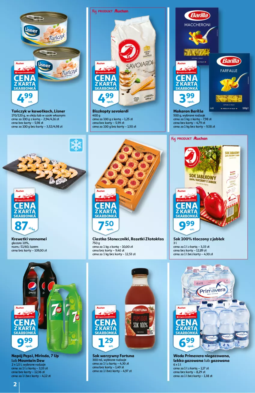 Gazetka promocyjna Auchan - Skarbonka #23 - ważna 09.06 do 15.06.2022 - strona 2 - produkty: Barilla, Biszkopty, Ciastka, Fa, Fortuna, Glazura, Kawa, Krewetki, Lazur, Lisner, Makaron, Mirinda, Napój, Olej, Pepsi, Prima, Primavera, Sok, Sos, Tuńczyk, Woda