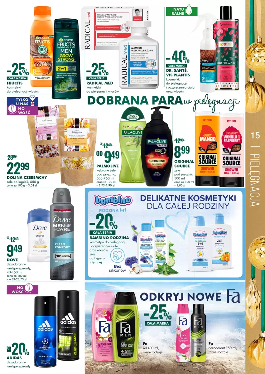 Gazetka promocyjna Super Pharm - Gazetka - ważna 13.12 do 24.12.2021 - strona 15 - produkty: Adidas, Antyperspirant, Asahi, Body, Dezodorant, Dove, Fa, Fructis, Gin, Isana, Kosmetyki do pielęgnacji, Palmolive, Rura, Sante, Ser, Szampon