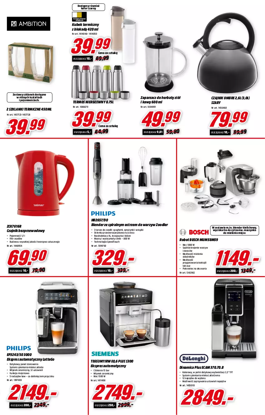 Gazetka promocyjna Media Markt - Gazetka Media Markt - ważna 25.01 do 01.02.2022 - strona 9 - produkty: Amica, Blender, Bosch, Czajnik, Kawa, Kubek, Kubek termiczny, Lanki, Maszynka, Maszynka do mielenia, Młynek, Osłonka, Pokrowiec, Robot, Rozdrabniacz, Sok, Spaghetti, Szynka, Termos, Trzepaczka, Wyciskarka, Zaparzacz, Zaparzacz do herbaty